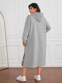 SHEIN Essnce Plus Letter Graphic Split Hem Drawstring Hooded Dress Graduation,Back To School Outfits,Graduation,Teacher Outfits For Women,Back To School Winter Fall Autumn - Light Grey - View 2