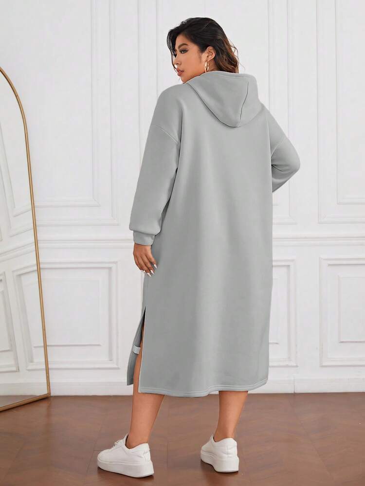 Plus Letter Graphic Split Hem Drawstring Hooded Dress Graduation,Back To School Outfits,Graduation,Teacher Outfits For Women,Back To School Winter Fall Autumn