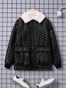 SHEIN Tween Boy 1pc Borg Collar Flap Pocket Padded Coat - Black - View 6
