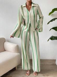 SHEIN Unity Striped Print Flare Sleeve Shirt & Wide Leg Pants Fall Cloth For Women - Apricot - View 2