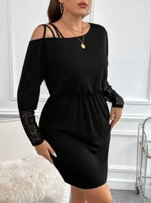 SHEIN Clasi Talla grande Vestido ajustado de cuello asimétrico con encaje - Negro - Ver 3