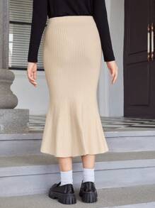 Teen Girl Mermaid Hem Ribbed Knit Skirt - Apricot - View 2
