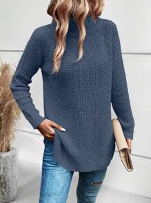 SHEIN Unity 高領插肩袖弧形下擺套頭毛衣 - 霧霾藍 - 查看 5