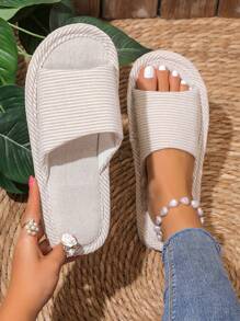 1 双女士露趾亚麻拖鞋，透气、舒适拖鞋，适合全年室内使用 - 咖啡棕 - 查看 2