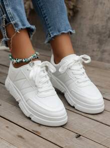 Women's Casual Flat Skateboarding Shoes, Slip Resistant, Fashionable, Breathable, Thick-soled Sneakers - White - View 2