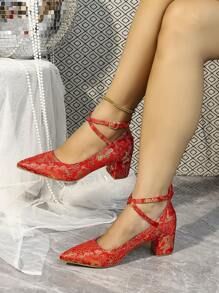 Women's High Heels Solid Color Shoes For Wedding, Red - Red - View 1