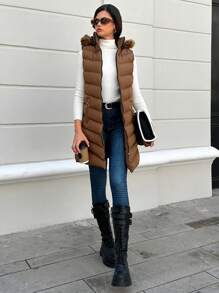 EURMUSE Slant Pockets Fuzzy Trim Hooded Puffer Vest Coat - Rust Brown - View 6