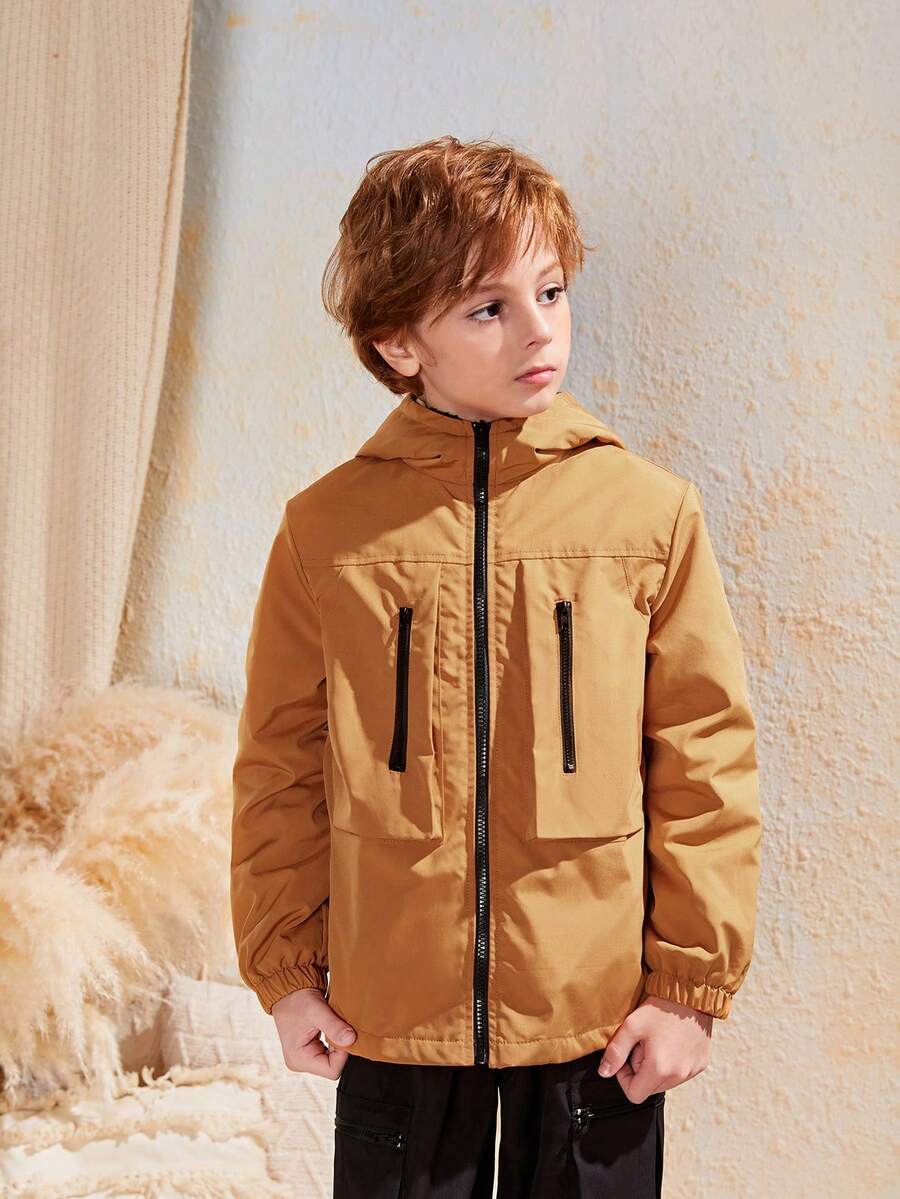 SHEIN 男大童拉鏈開襟連帽外套 - 棕色 - 查看 1