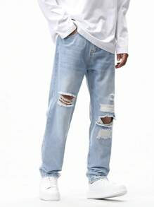 Chillumni 男士破洞直筒牛仔裤，纯色长款直筒浅蓝色工装牛仔裤，适合送给老公、男朋友的礼物 - 淺色水洗藍 - 查看 8