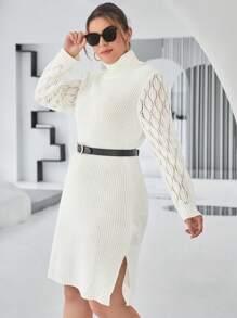 SHEIN Essnce Plus Turtleneck Pointelle Knit Split Hem Sweater Dress Without Belt