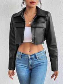 Chiquease Flap Detail Crop PU Leather Jacket Fall Winter Cloth For Women - Black - View 3