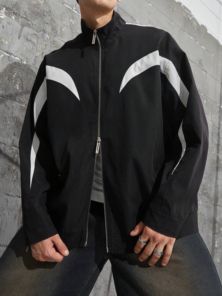 Men's Oversized Contrast Panel Zipper Jacket Outdoor Windbreaker