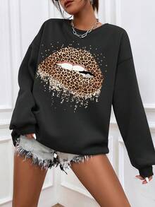 SHEIN Essnce Quần áo thể thao nữ Con số In hoa Báo Giải trí - màu đen - Xem 4