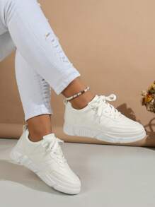 女性休閒平底板鞋,防滑,透氣,厚下裝,時尚白色鞋 - 白色 - 查看 1
