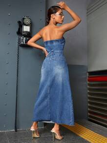 SHEIN ICON Button Front Tube Denim Dress - Medium Wash - View 4