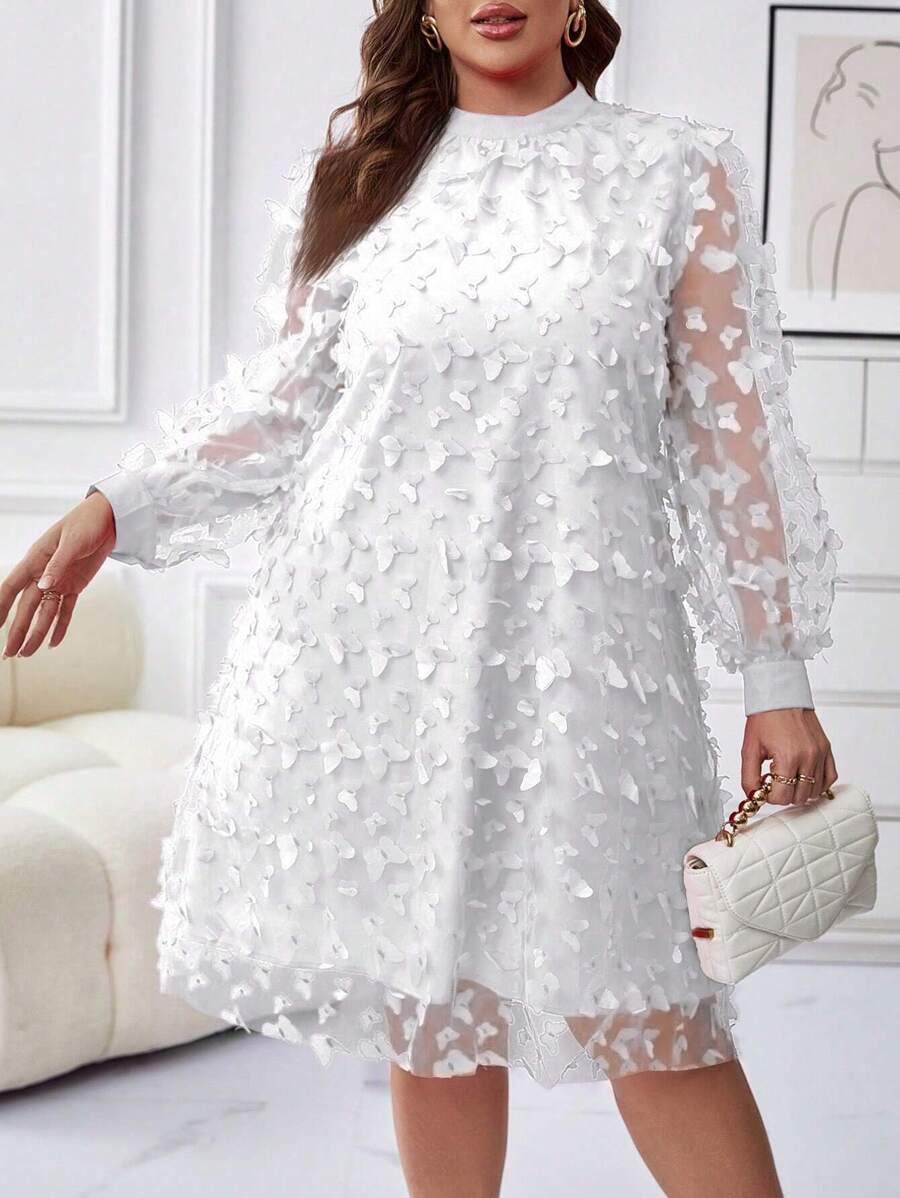 SHEIN Clasi 大碼蝴蝶貼花網紗覆蓋洋裝 - 白色 - 查看 1