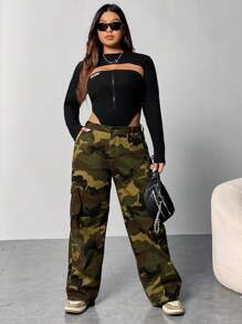 SHEIN ICON 大碼拉鏈開襟超短款上衣&抹胸上衣 - 黑色 - 查看 4