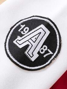 Young Boy Slogan Graphic Striped Trim Colorblock Varsity Jacket - Red - View 3