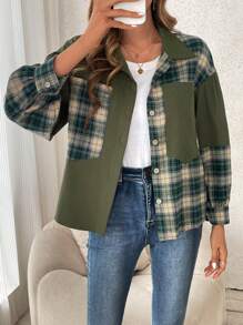 Breezaya Plaid Print Drop Shoulder Jacket - Army Green - View 5
