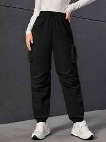 Teen Girl Flap Pocket Side Cargo Pants - Black - View 3