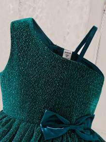 SHEIN Glamorique Kids Young Girl Asymmetrical Neck Bow Front Mesh Overlay Glitter Party Dress for Christmas - Green - View 4