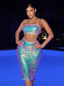 SHEIN SXY Holographic Sequin Cami Top & Pencil Skirt - Multicolor - View 6