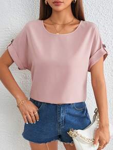 SHEIN LUNE Solid Roll Up Sleeve Blouse - Pink - View 3