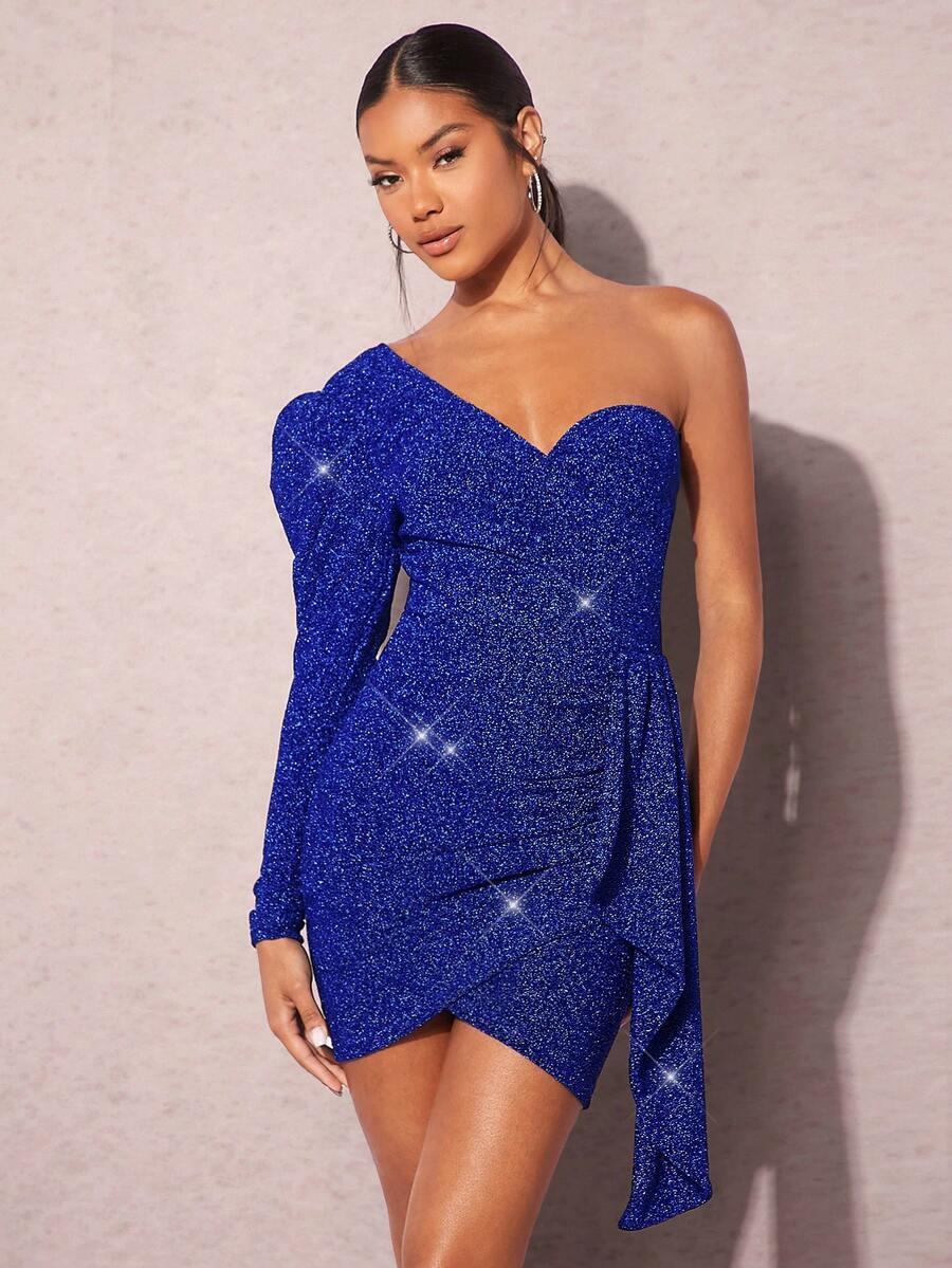 SHEIN BAE One Shoulder Draped Side Wrap Hem Glitter Bodycon Dress - Blue - View 1
