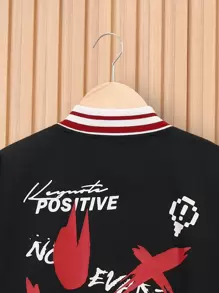 SHEIN 男大童標語和卡通圖案條紋飾邊落肩袖夾克 - 黑色 - 查看 4