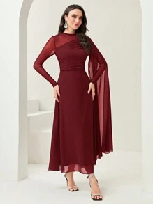 Modelyn 勃艮第红色撞色网眼褶皱连衣裙，带袖连衣裙，长款晚礼服 - 酒紅色 - 查看 4
