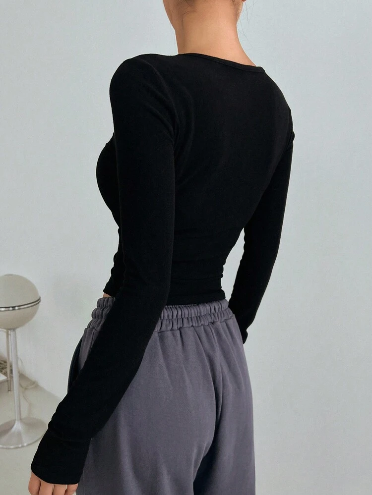 Round-Neck Solid Color Slim Fit Warm Long Sleeve T-Shirt,Fall Clothes Preppy Tops