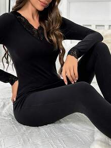 Lace Trim Thermal Underwear Set - Black - View 3