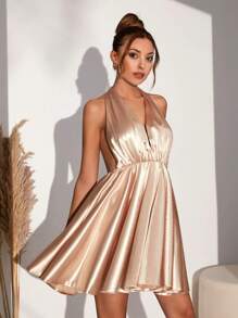 EURMUSE Solid Halter Neck Backless Satin Dress - Champagne - View 5