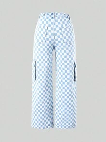 Tween Girl Checker Print Flap Pocket Side Jeans - Rửa nhẹ - Xem 2