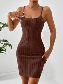 SHEIN Essnce 素色露背吊帶緊身洋裝 - 巧克力棕 - 查看 6