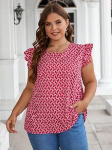 SHEIN Clasi 大碼滿版印花後綁帶荷葉邊襯衫 - 紅色 - 查看 3