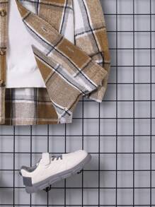 SHEIN Tween Boy Plaid Print Borg Collar Flap Detail Overcoat Without Sweater