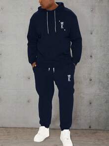 Manfinity Homme Men Plus Letter Graphic Drawstring Hoodie & Sweatpants - Navy Blue - View 2