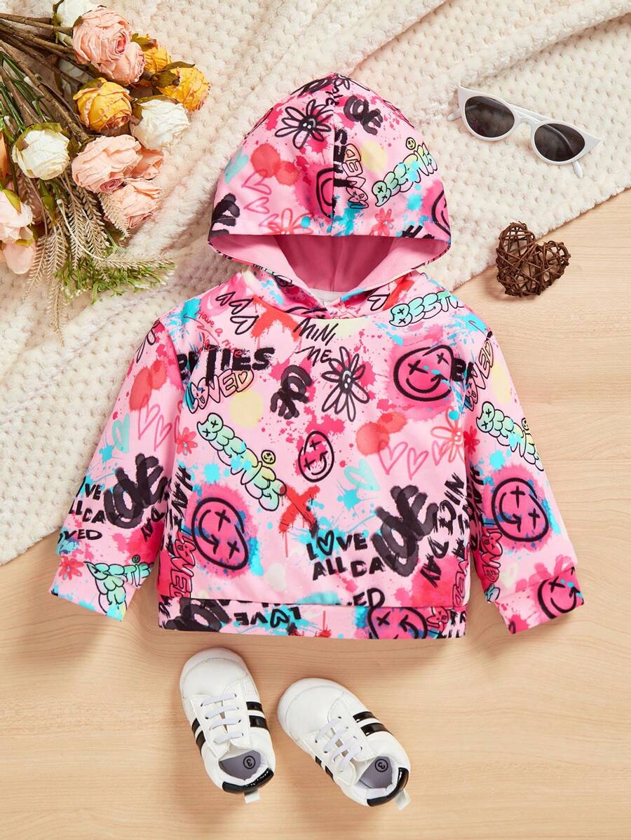 SHEIN 女嬰字母和卡通圖案連帽衫 - 粉色 - 查看 1