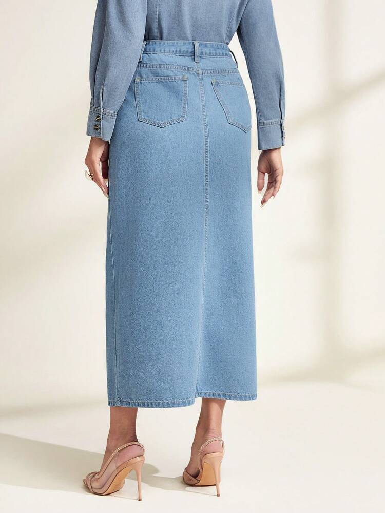 Graphic Print Split Hem Denim Skirt