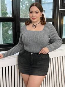 Flirla Plus Square Neck Ribbed Knit Sweater - Grey - View 4