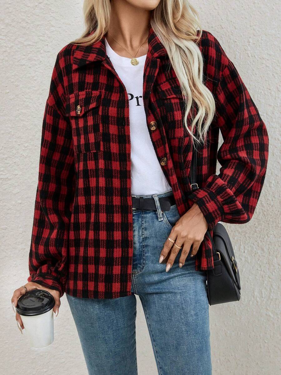 SHEIN LUNE In kẻ sọc Thả vai Túi có nắp áo - Đỏ - Xem 1