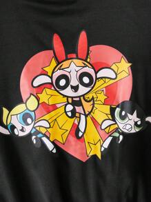 The Powerpuff Girls | ROMWE Cartoon Graphic Striped Trim Bomber Jacket - Black - View 4