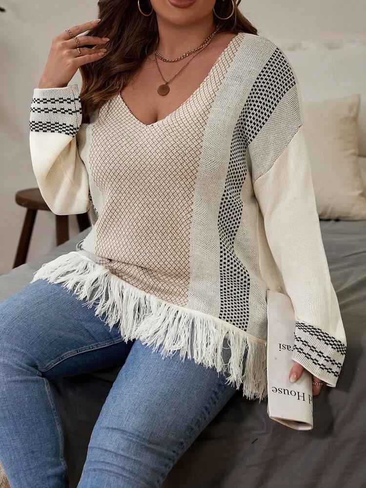 Plus Striped Pattern Fringe Hem Drop Shoulder Sweater