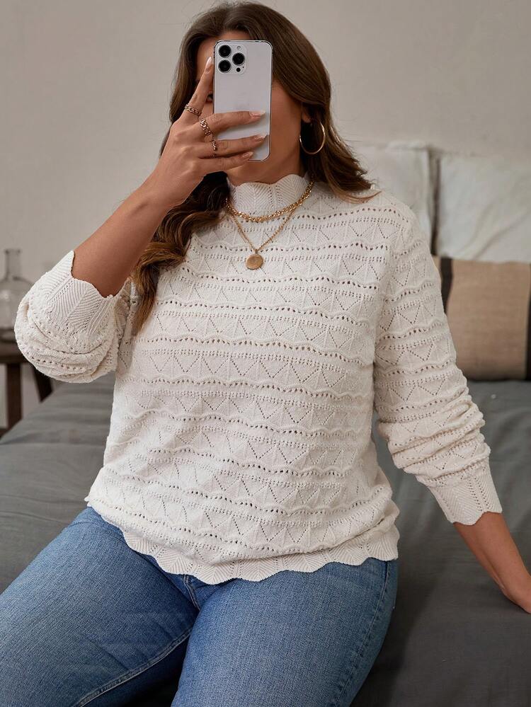 Plus Pointelle Knit Scallop Trim Sweater