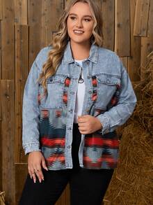 EMERY ROSE 大碼幾何印花落肩翻蓋口袋牛仔夾克 - 淺色水洗藍 - 查看 3