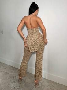 SHEIN SXY Zebra Striped Split Hem Halter Backless Top & Flare Leg Pants - Mocha Brown - View 4