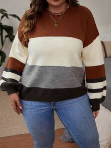 SHEIN LUNE 大碼撞色落肩袖套頭毛衣 - 彩色 - 查看 3