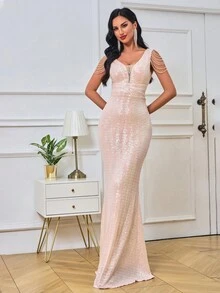 Vestido de fiesta bajo sirena con lentejuelas - Rosa Pálido - Ver 5