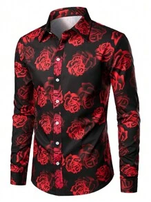 Men Floral Print Contrast Collar Shirt - Burgundy - View 1